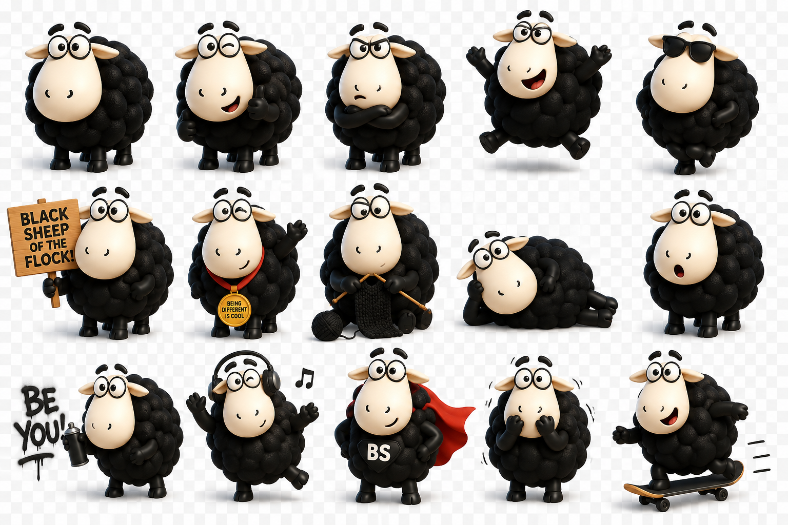 Black sheep sticker sheet with different expressions and actions